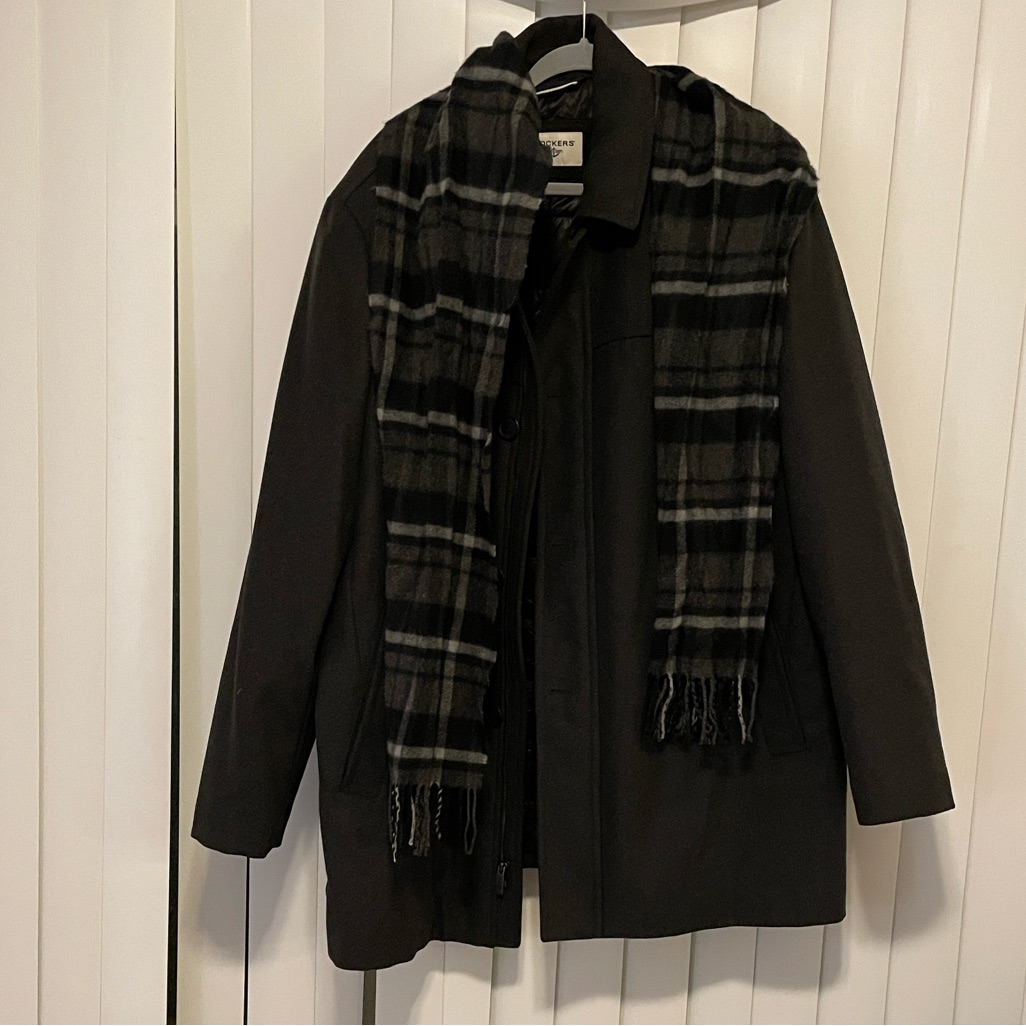 Dockers Menâs Black Wool Blend Coat With Plaid Scarf Xxl
